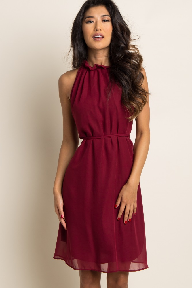 burgundy chiffon high neck dress