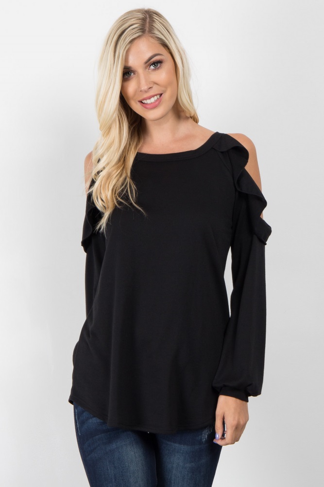 black ruffle cold shoulder top