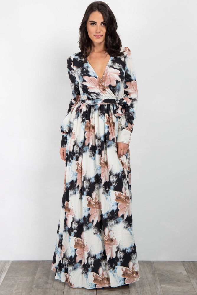 long sleeve floral wrap maxi dress