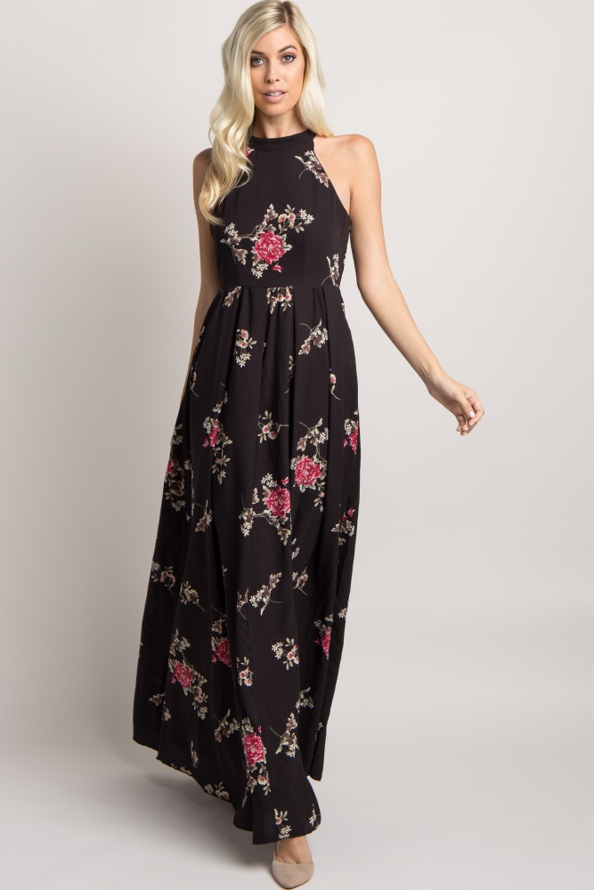 Black Floral Chiffon High Neck Maxi Dress