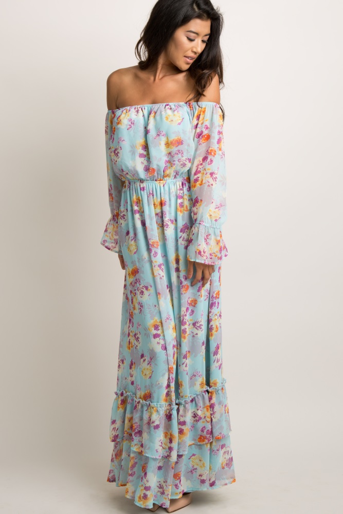 blue floral off the shoulder maxi dress