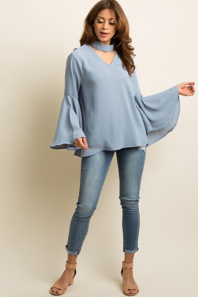 blue high neck blouse