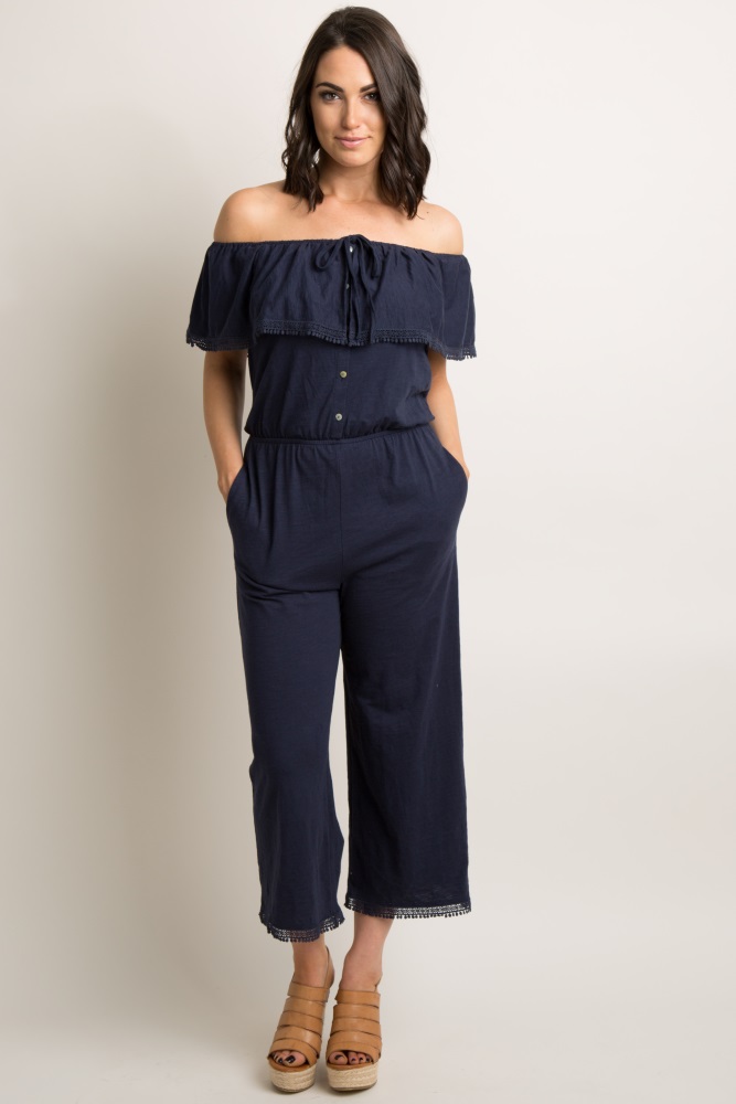navy blue off shoulder jumpsuit