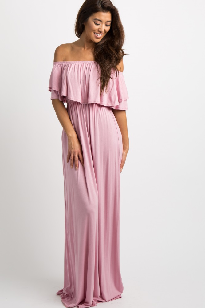 Blush Pink Off The Shoulder Maxi Dress 