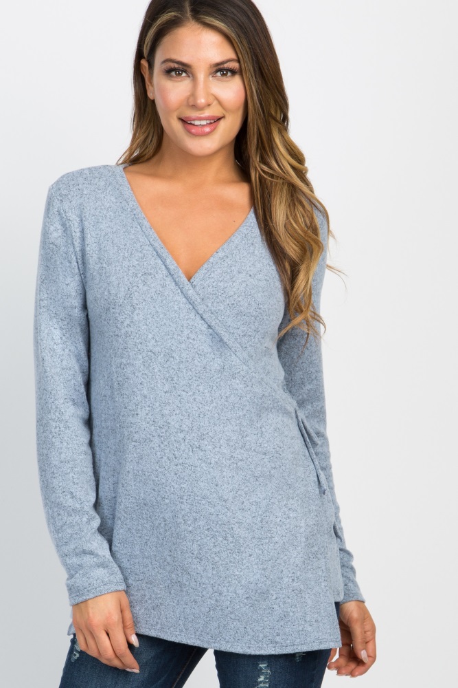 PinkBlush Light Blue Knit Wrap Tie Nursing Top