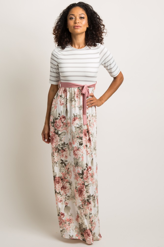 ivory striped colorblock floral maxi dress