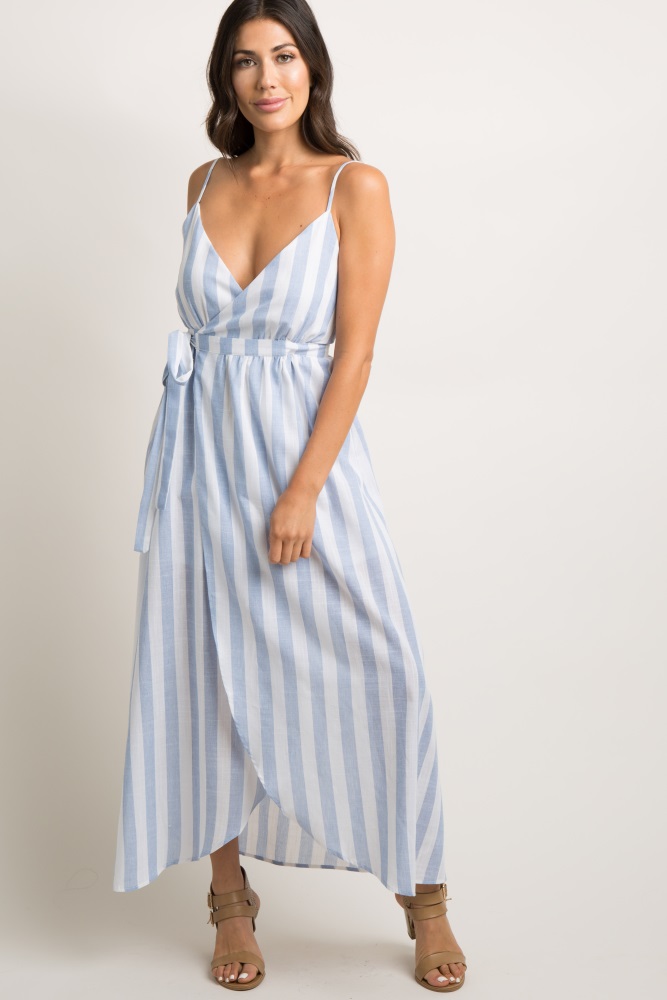 blue striped wrap dress