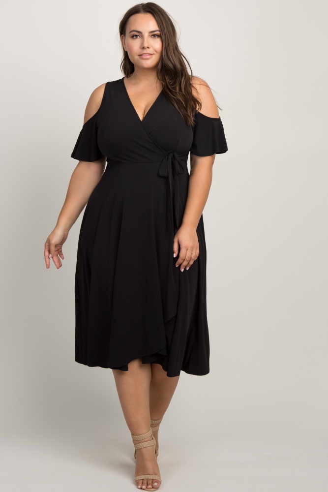 black cold shoulder wrap dress