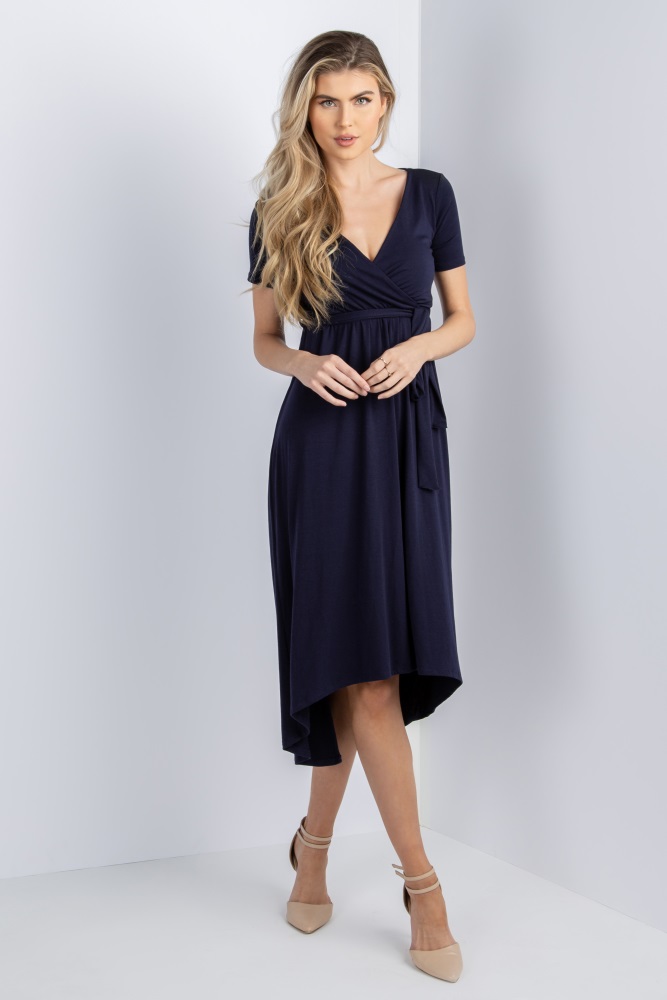 pinkblush navy blue solid hi-low wrap dress