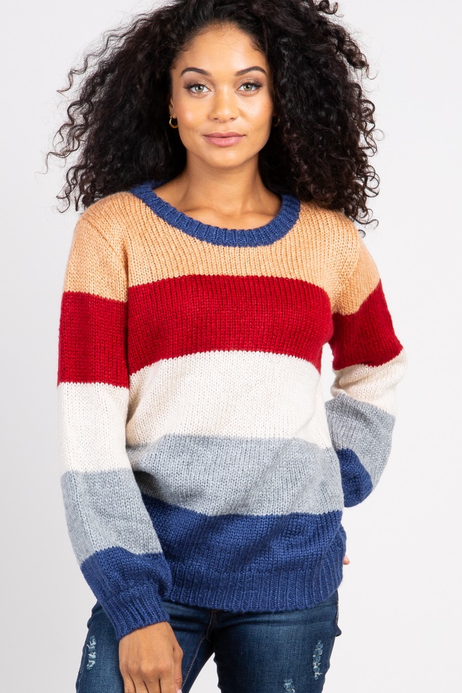 Red Colorblock Knit Puff Sleeve Sweater