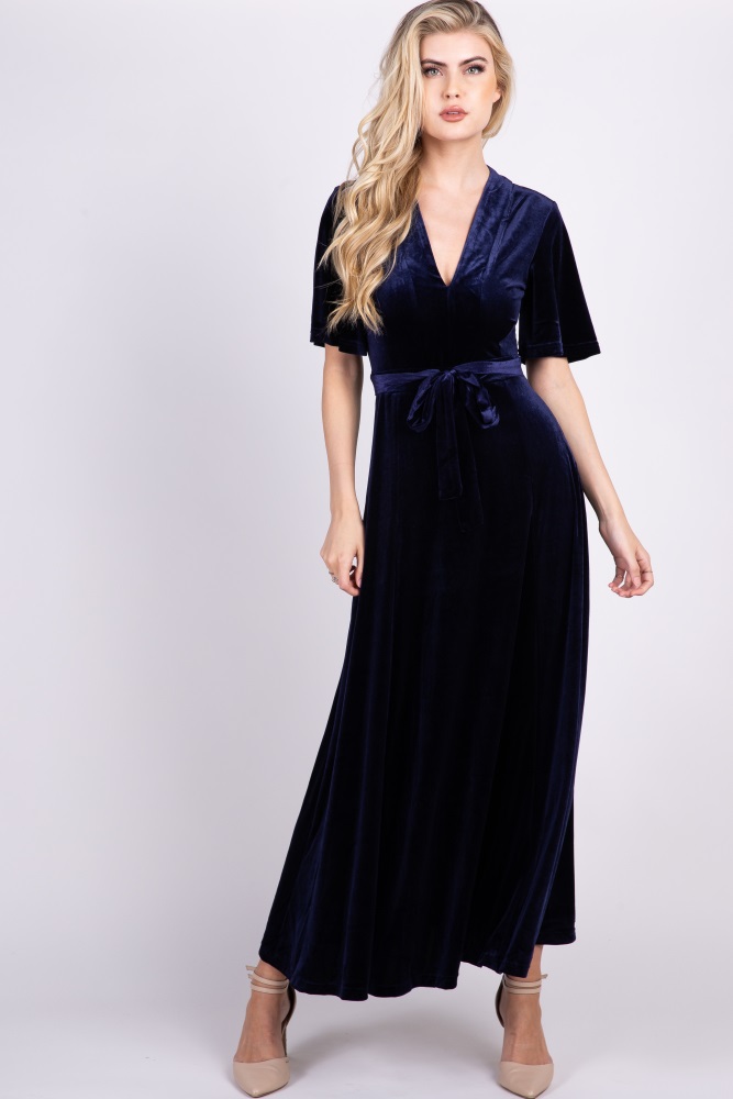 navy blue velvet maxi dress