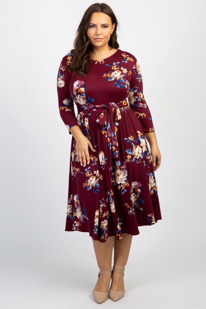 burgundy floral midi dress