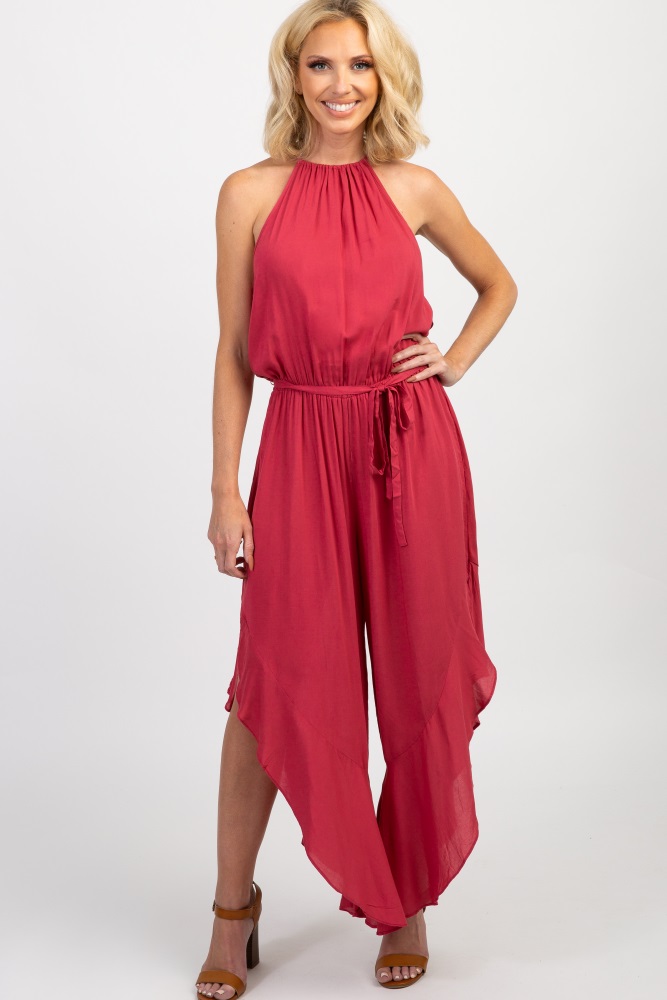 red halter neck jumpsuit